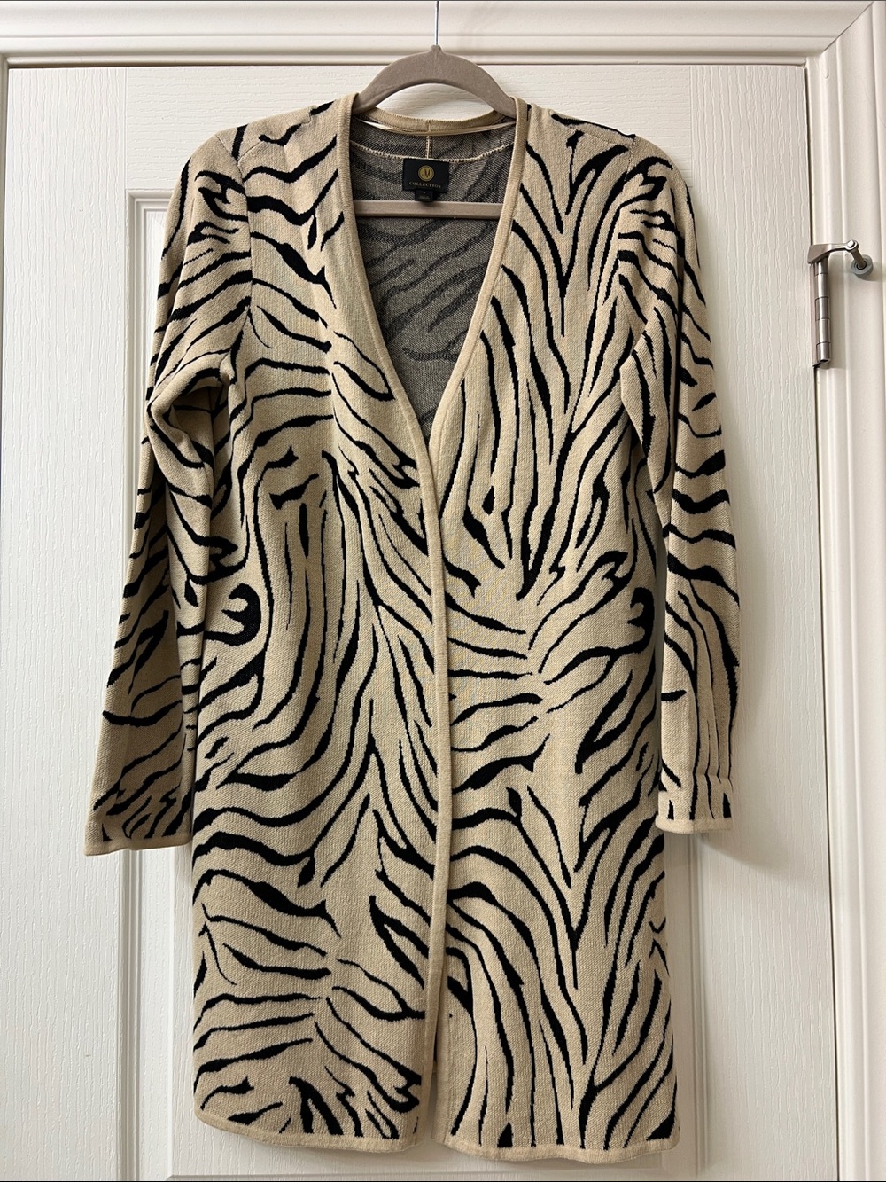 JM Collection Beige and Black Zebra-Print Open-Front Cardigan